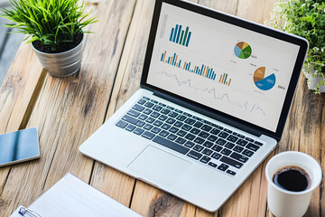 Fototapeta premium Photo laptop is displayed on a wooden table, showcasing charts and graphs related to analysis, business accounting, and statistics concepts.