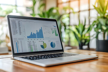 Photo laptop is displayed on a wooden table, showcasing charts and graphs related to analysis, business accounting, and statistics concepts.