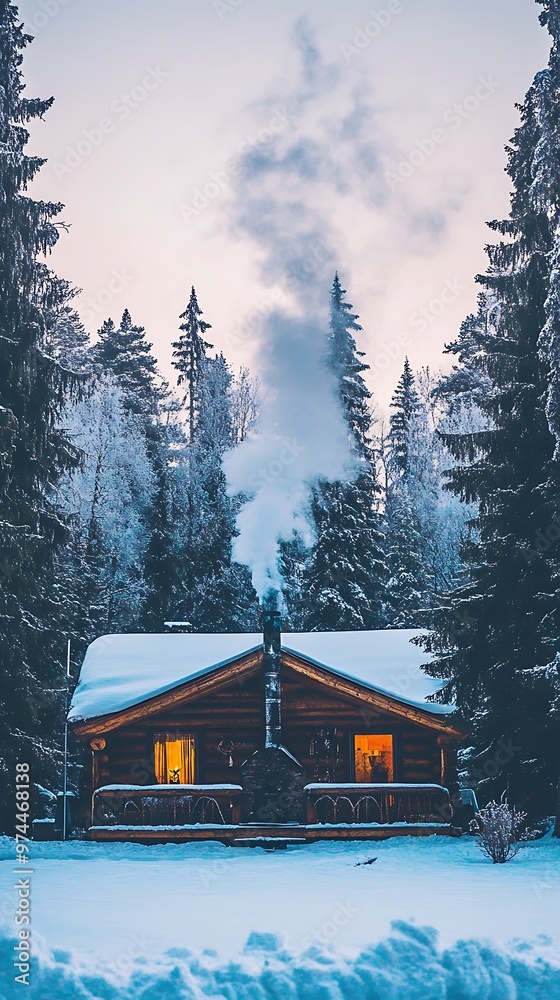 Wall mural Cozy Cabin in a Snowy Winter Forest with Smoke Rising from Chimney.