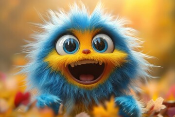 Fototapeta premium adorable 3d cartoon monster with vibrant blue fur large expressive eyes and friendly smile playful pose against colorful background perfect for childrens illustration or animated character