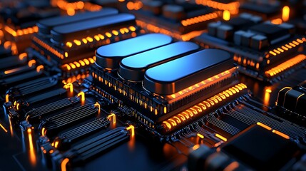 Orange lines pulse through a futuristic circuit board, glowing like veins of energy.