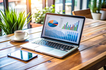Photo laptop is displayed on a wooden table, showcasing charts and graphs related to analysis, business accounting, and statistics concepts.