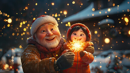 3d poster of grandfather and granddaughter lighting sparklers during a walk through the Christmas market, a card with wishes of Merry Christmas and a Happy New Year