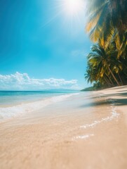 Fototapeta premium Idyllic beach scene with golden sand, clear turquoise water, and lush palm trees under a bright sun, ideal for destination marketing, travel blogs, or vacation promotions