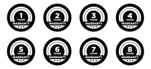 Warranty logo in zig zag circle with 1 years to 8 years warranty stamp or sticker with stars in black color