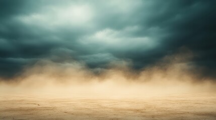 Dark storm clouds loom over a barren, cracked earth landscape with swirling dust, creating a...