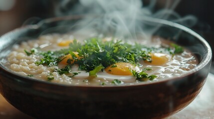 Steaming Bowl of Rice Congee with Eggs and Parsley