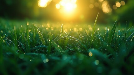 Close-up of dewy grass sparkling in the morning sun