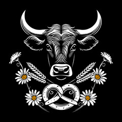 Oktoberfest Kuh mit Brezel, Margeriten und Weizenähren. 