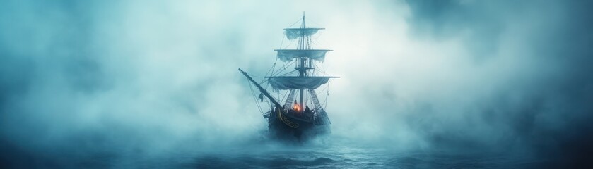 A majestic old ship sails through a thick fog over a turbulent sea, creating a mysterious and adventurous atmosphere perfect for themes of exploration, mystery, history, and nautical journeys,