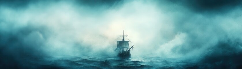 A lone ship sails through a misty, turbulent sea, evoking a sense of adventure and mystery ideal for themes of exploration, adventure, and nautical journeys,