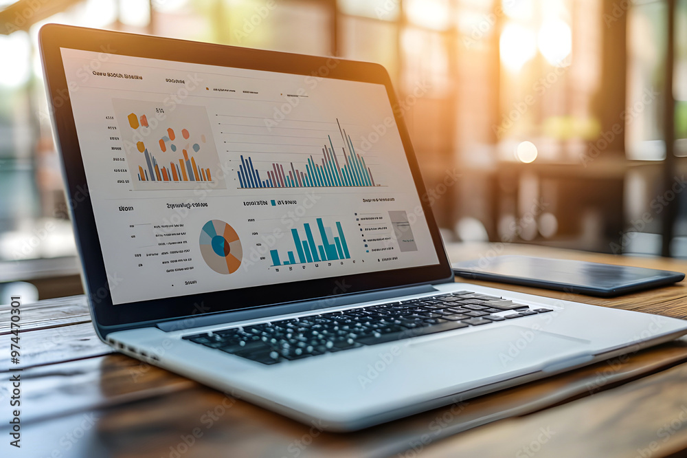 Wall mural photo laptop is displayed on a wooden table, showcasing charts and graphs related to analysis, busin