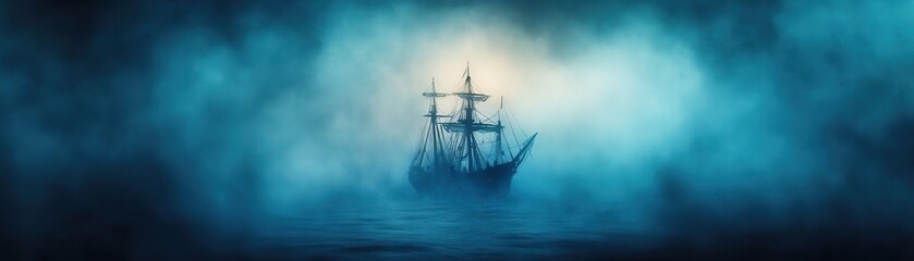 A ghostly ship emerges from a dense, eerie fog on a calm ocean, evoking a sense of mystery and adventure useful for themes like maritime history, fantasy, or Halloween,