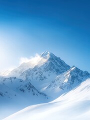 A majestic snow-covered mountain peak under a clear blue sky, ideal for use in travel brochures, adventure guides, and inspirational posters,