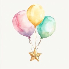 Watercolor illustration of three colorful balloons tied to a golden star, perfect for festive and celebratory designs.