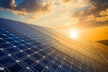 a photo for green energy with solar pannels and wind turbines