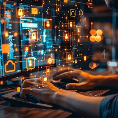 Person typing on a keyboard with futuristic digital icons, representing cybersecurity and data protection in a high-tech environment.