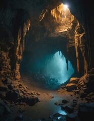 Ancient cave entrance with stalactites and stalagmites