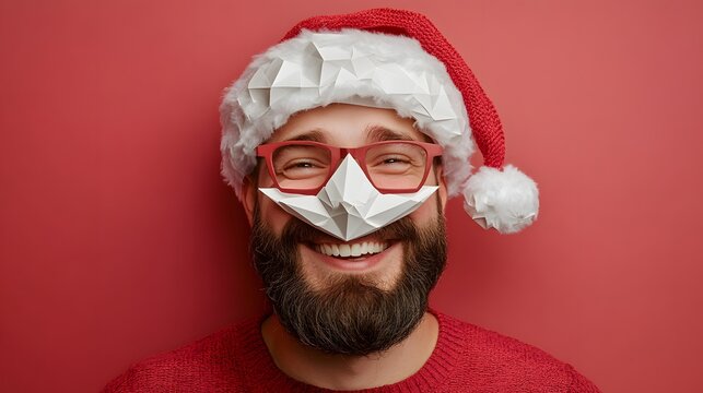 man with low-poly Santa mask and red glasses, festive holiday mood, red background	 - Powered by Adobe