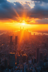 Fototapeta premium Urban Sunrise, Aerial view of a city skyline illuminated by the golden light of sunrise, showcasing a modern metropolis coming to life