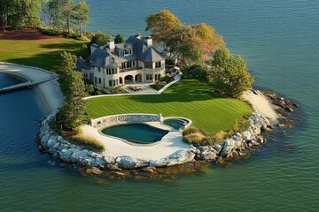 Aerial view of the most beautiful mansion in New England with an island, lawn, and beach area, a pool, stone walls, a luxury home on the water with a grassy yard and a sandy