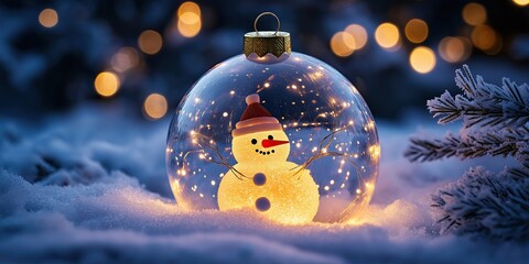 Christmas Ornament with Snowman Figurine and Glowing Lights in Snowy Winter Holiday Scene