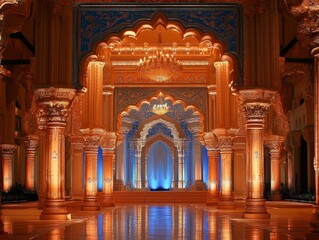 Indian Wedding Royal Stage Decoration, beautiful design, Pastel Shades, royal elements, realistic images, dramatic lighting