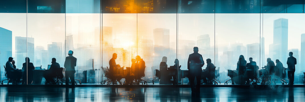 Collaborative business analysts engage in strategic discussions at sunset in a modern city office