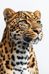 Obraz premium Leopard Portrait, Proud leopard gazing away from the camera, showcasing its beauty against a clean white background, ideal for wildlife photography