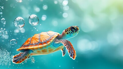 Fototapeta premium Sea Turtle Swimming Through Bubbles. generative ai illustration.