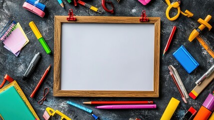 School supplies in bright colors border a whiteboard, center left empty for text.