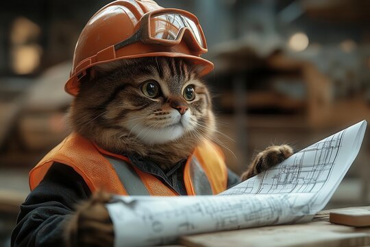 anthropomorphic cat wearing hard hat and safety vest working on blueprints at construction site office whimsical scene blending feline features with humanlike posture and tools