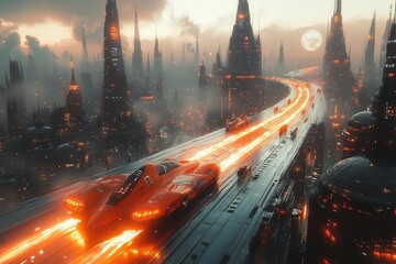 antigravity race track with neonstreaked vehicles defying physics looping through a futuristic cityscape under alien moons