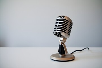 Vintage microphone with metallic finish on stand, against plain white background