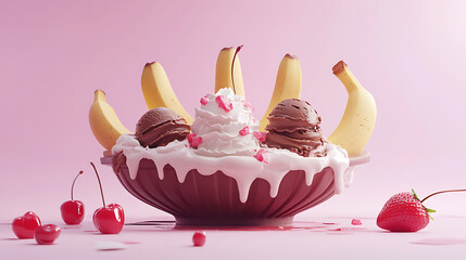 Banana split with chocolate syrup and cherries
