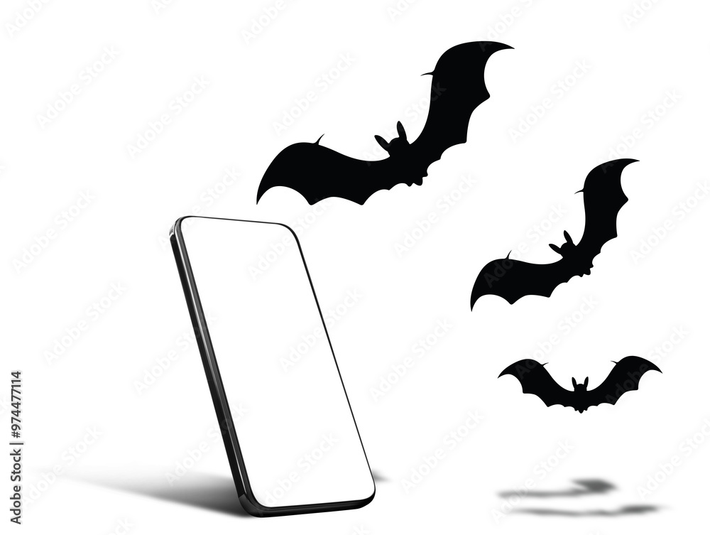 Wall mural Black bats flying near mobile phone with blank screen on white background