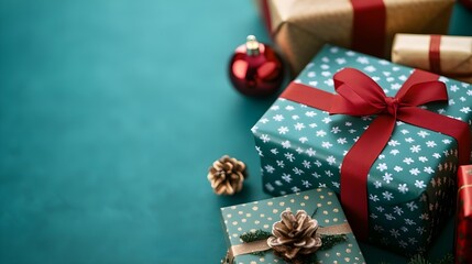 Festive Christmas Gifts on Teal Background - Holiday Gift Wrap