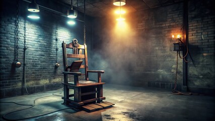 A eerie, abandoned electric chair sits Alone in a dimly lit, worn-down chamber, exuding an ominous, foreboding atmosphere of capital punishment and execution.