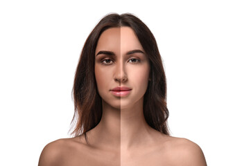 Naklejka premium Collage with photos of beautiful young woman before and after solarium tanning on white background