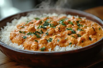 aromatic chicken tikka masala vibrant orange curry fluffy basmati rice rustic clay plate steam rising garnished with cilantro appetizing closeup