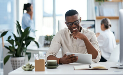 Thinking, tablet and black man at digital agency with smile, ideas or creative developer in office. Reading, website designer or consultant at tech startup with notebook, business plan and online app