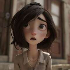 Animated Portrait of Young Girl with Worried and Scared Expression