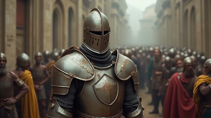 Knight in rusty armor stands before a crowd of people