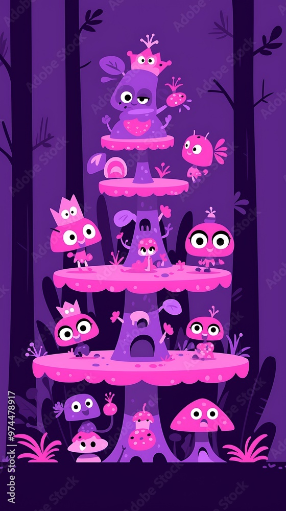 Wall mural Colorful Cartoon Mushroom Creatures on a Purple Tree Trunk.