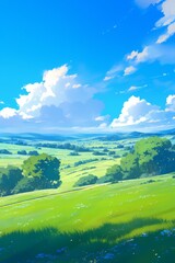 Obraz premium Beautiful Grassland with Blue Sky and White Clouds, Simple Green Landscape Design