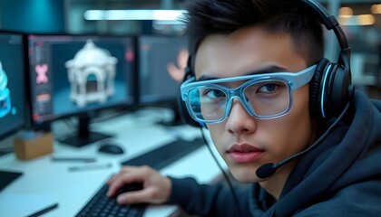 Concentrated Young Man Working in CAD Laboratory