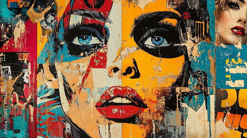 Wall mural a collage of a female face in abstract pop art style merges vivid hues and striking shapes into a ca