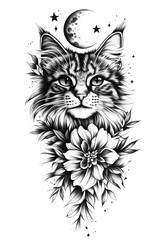 Obraz premium a cat and flower on white background. Tattoo style. Coloring book. T-Shirt design