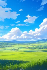 Fototapeta premium Beautiful Grassland with Blue Sky and White Clouds, Simple Green Landscape Design
