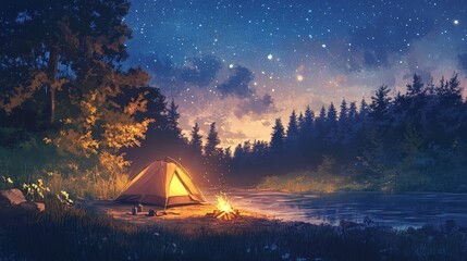 A camper enjoys a tranquil evening by their tent, with a campfire providing a warm glow. The background includes a serene forest setting and a clear night sky full of stars.